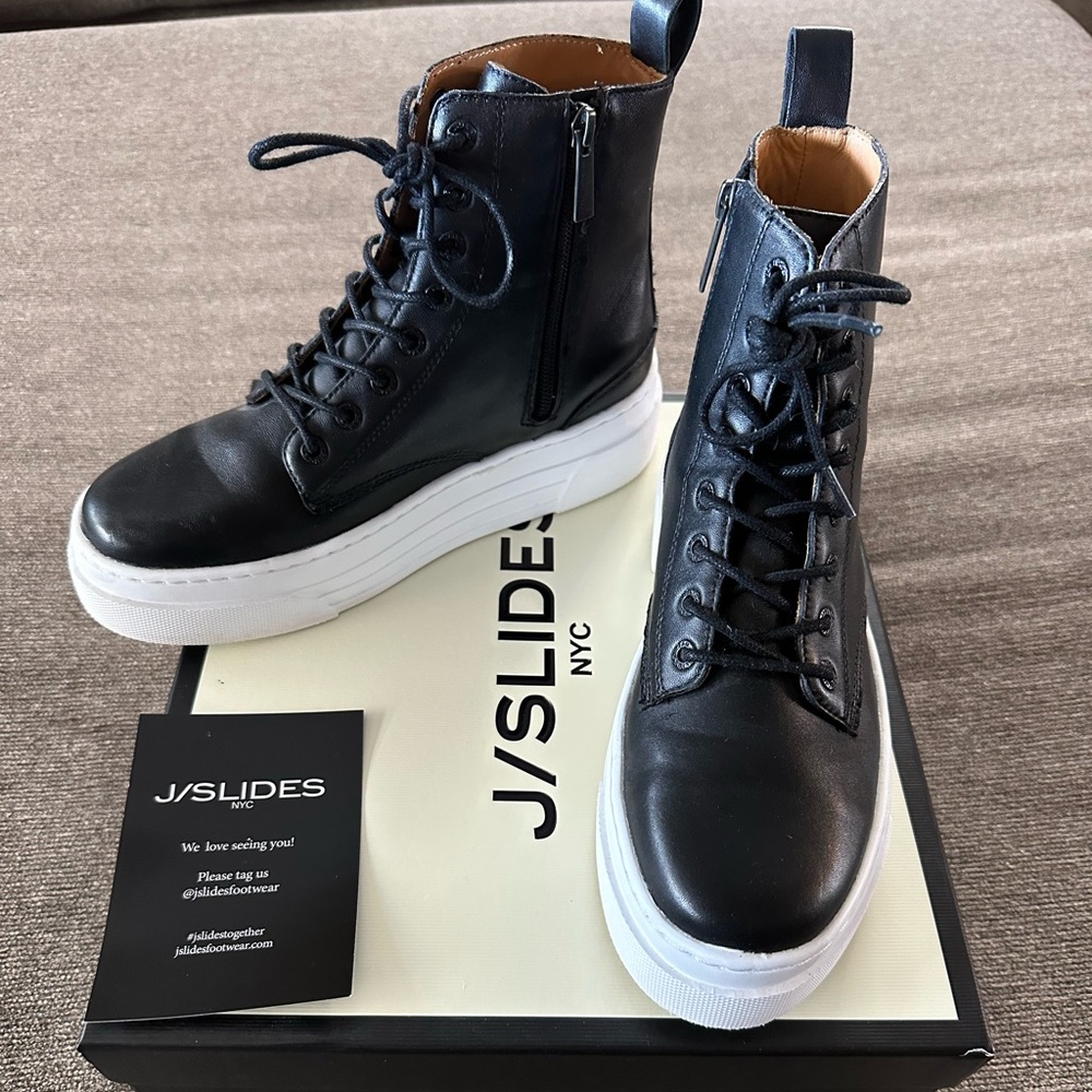J / Slides Black High Top  Sneakers with White Platform sole.  The Andre